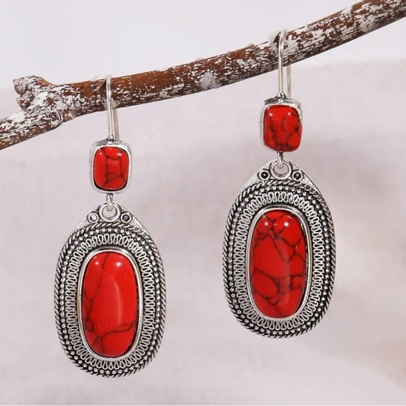 925 Sterling Silver Plated Red Synthetic Gemstone Dangle Earrings - Picture 1 of 4